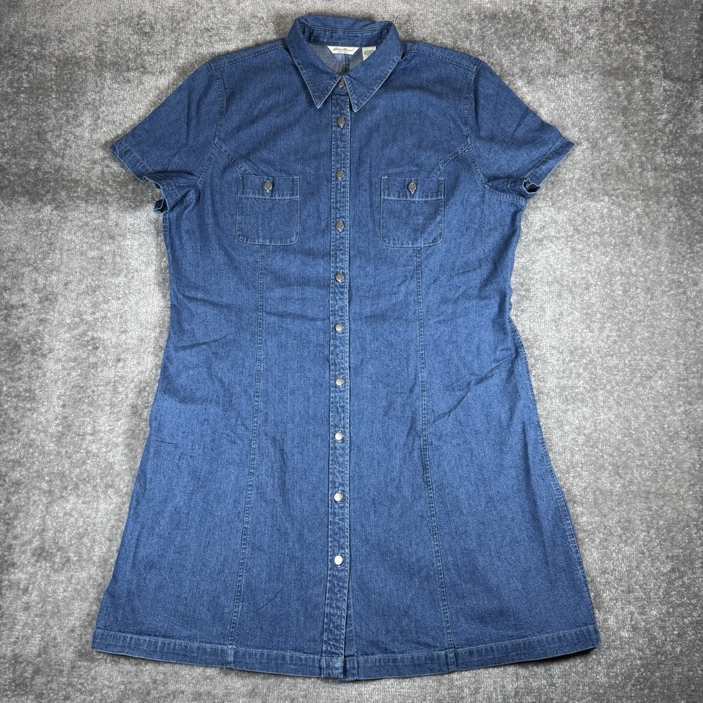 Vintage Eddie Bauer Denim Dress Women's XXL Tall Blue Denim Snap Front